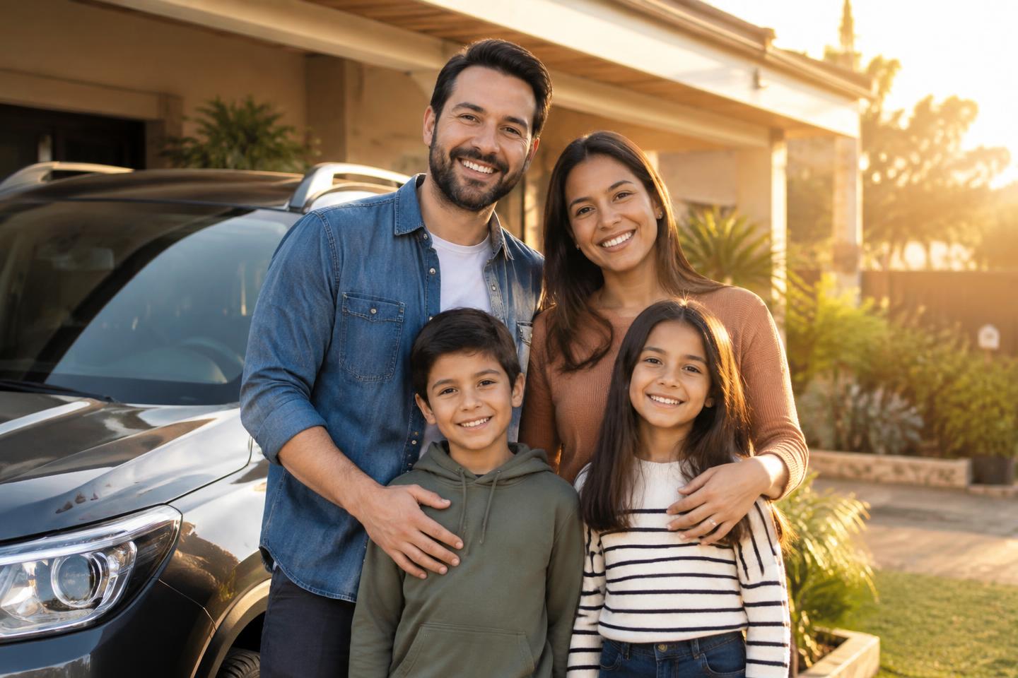 Família protegida ao lado do carro em casa